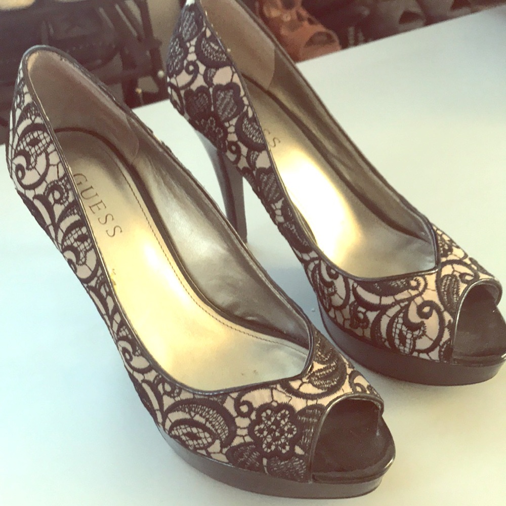 Guess open toe black lace heels